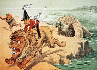&39;O leão não pode enfrentar o corwing do galo&39;, a visão americana do susto do túnel do canal, ilustração da revista &39;Puck&39; de Friedrich Graetz
